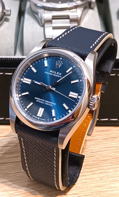 rolex oyster perpetual blue on leather strap|rolex oyster perpetual leather band.